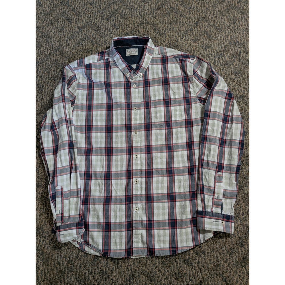 7 Diamonds Vintage Mens XL Long Sleeve Plaid Button Down Shirt Navy Red Cotton